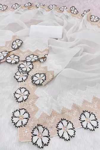 Black Color With Intricate Multithread Embroidery And Floral Butta White Organza Saree