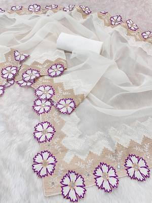 Purple Color With Intricate Multithread Embroidery And Floral Butta White Organza Saree 3