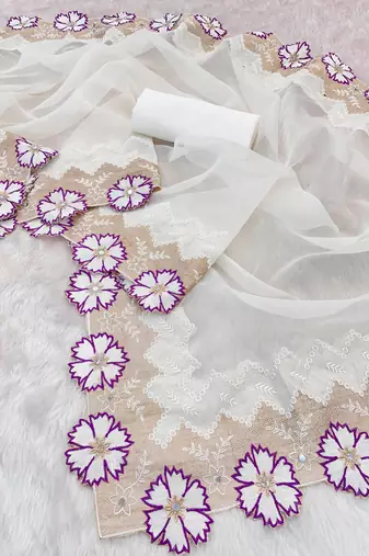 Purple Color With Intricate Multithread Embroidery And Floral Butta White Organza Saree