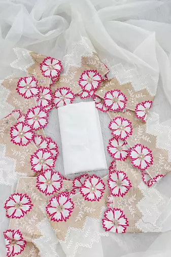 Rani Pink Color With Intricate Multithread Embroidery And Floral Butta White Organza Saree