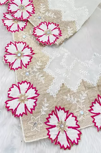 Rani Pink Color With Intricate Multithread Embroidery And Floral Butta White Organza Saree