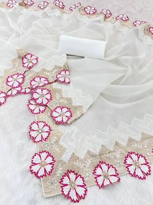 Rani Pink Color With Intricate Multithread Embroidery And Floral Butta White Organza Saree 3