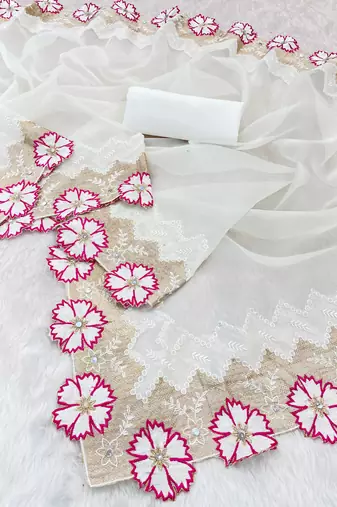 Rani Pink Color With Intricate Multithread Embroidery And Floral Butta White Organza Saree