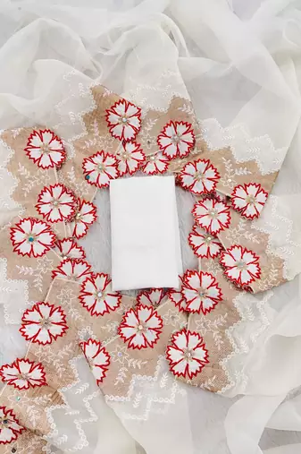 Red Color With Intricate Multithread Embroidery And Floral Butta White Organza Saree