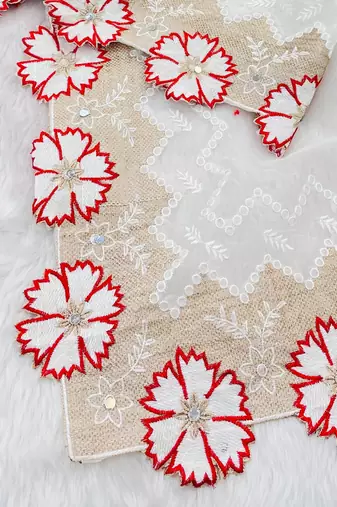 Red Color With Intricate Multithread Embroidery And Floral Butta White Organza Saree