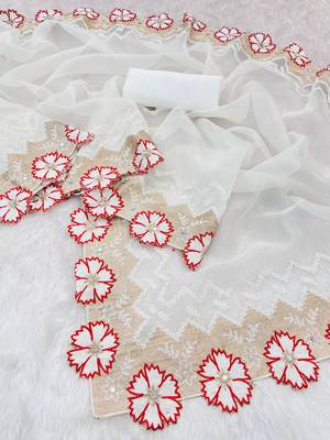 Red Color With Intricate Multithread Embroidery And Floral Butta White Organza Saree 3