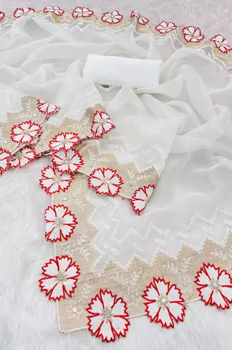 Red Color With Intricate Multithread Embroidery And Floral Butta White Organza Saree
