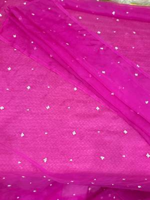 bright pink organza sequence work saree without blouse 2