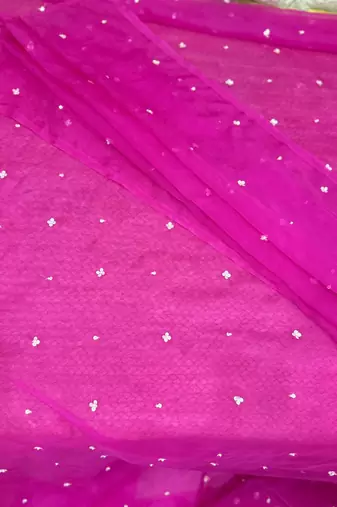 bright pink organza sequence work saree without blouse