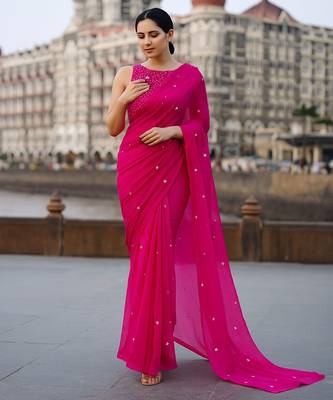 bright pink organza sequence work saree without blouse 1