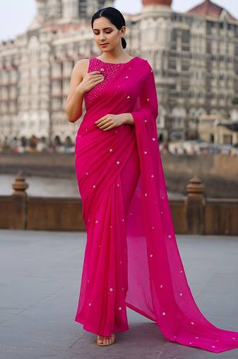 bright pink organza sequence work saree without blouse