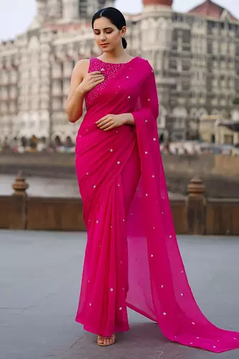 bright pink organza sequence work saree without blouse