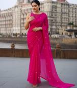 bright pink organza sequence work saree without blouse