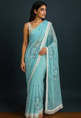 light blue georgette chikankari work without blouse 1