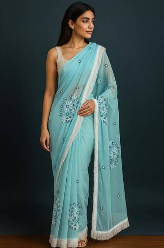 light blue georgette chikankari work without blouse