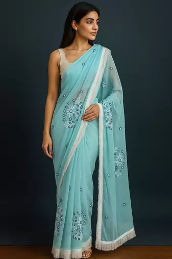 light blue georgette chikankari work without blouse