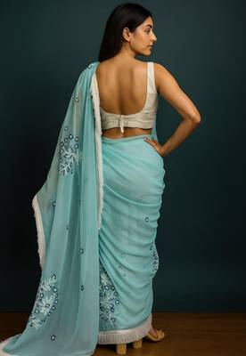 light blue georgette chikankari work without blouse 2