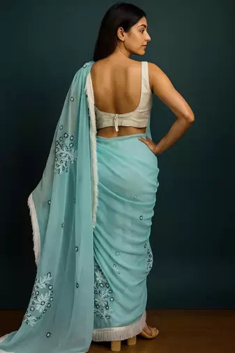 light blue georgette chikankari work without blouse