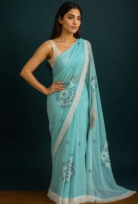 light blue georgette chikankari work without blouse 3