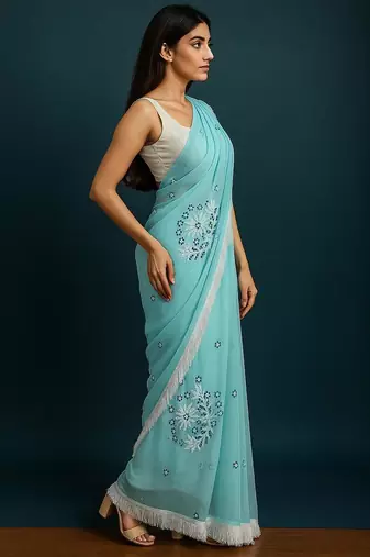 light blue georgette chikankari work without blouse