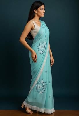 light blue georgette chikankari work without blouse 5