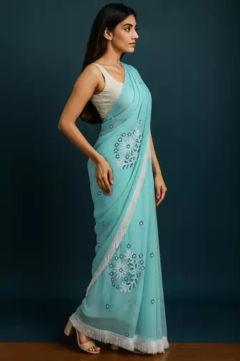 light blue georgette chikankari work without blouse