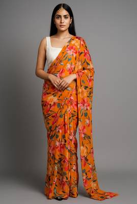 mustard color printed chiffon saree without blouse  1