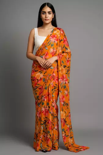 mustard color printed chiffon saree without blouse 