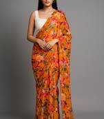 mustard color printed chiffon saree without blouse 