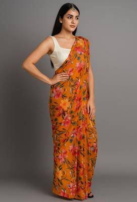 mustard color printed chiffon saree without blouse  2