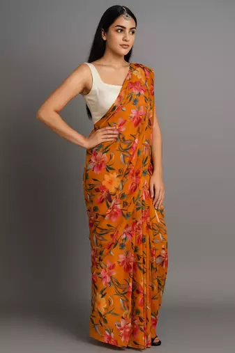 mustard color printed chiffon saree without blouse 