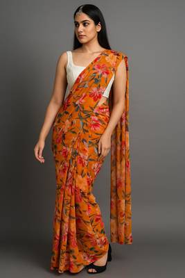 mustard color printed chiffon saree without blouse  3