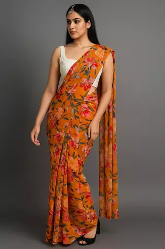 mustard color printed chiffon saree without blouse 