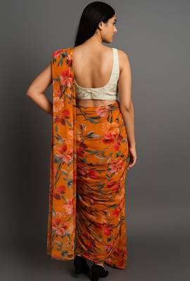mustard color printed chiffon saree without blouse  4