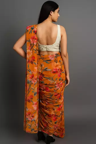 mustard color printed chiffon saree without blouse 