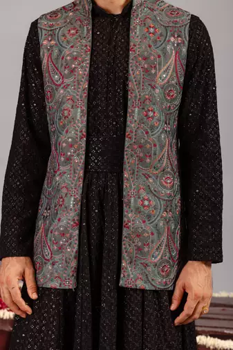 Black georgette embroidered anarkalijacket set for mens