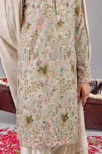 Sky blue georgette embroidered kurta set for mens