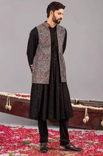 Black georgette embroidered anarkalijacket set for mens
