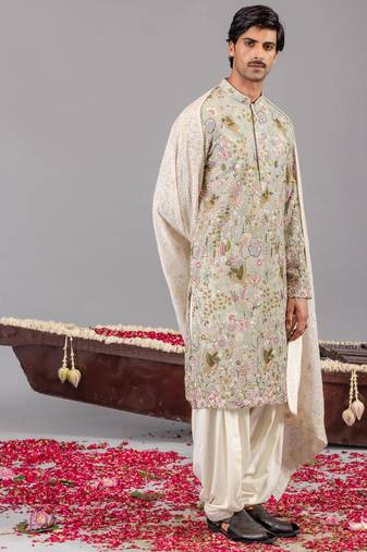 Sky blue georgette embroidered kurta set for mens