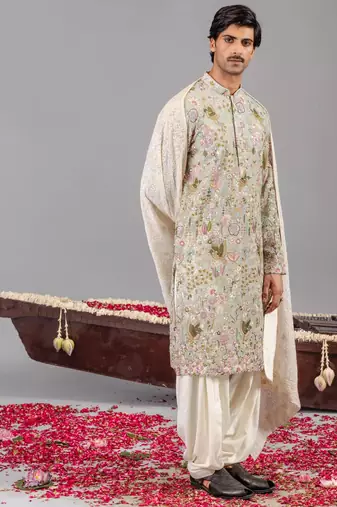 Sky blue georgette embroidered kurta set for mens