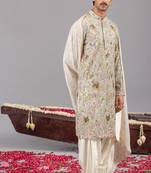 Sky blue georgette embroidered kurta set for mens