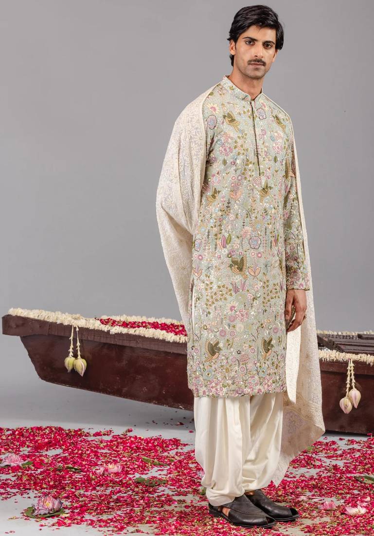 Sky blue georgette embroidered kurta set for mens