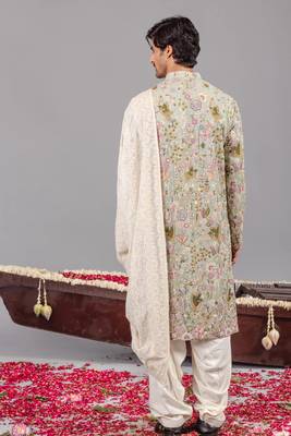 Sky blue georgette embroidered kurta set for mens 3