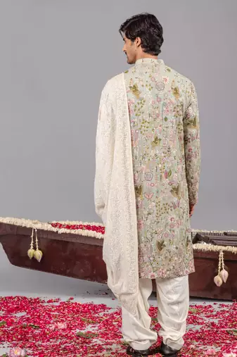 Sky blue georgette embroidered kurta set for mens