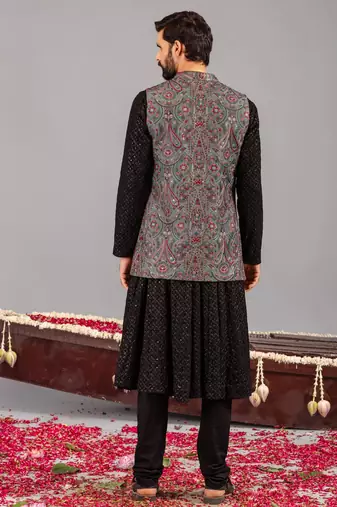 Black georgette embroidered anarkalijacket set for mens