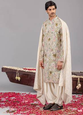 Sky blue georgette embroidered kurta set for mens 4