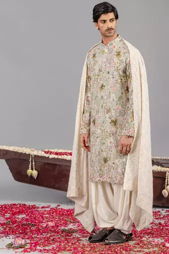 Sky blue georgette embroidered kurta set for mens