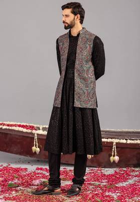 Black georgette embroidered anarkalijacket set for mens 1