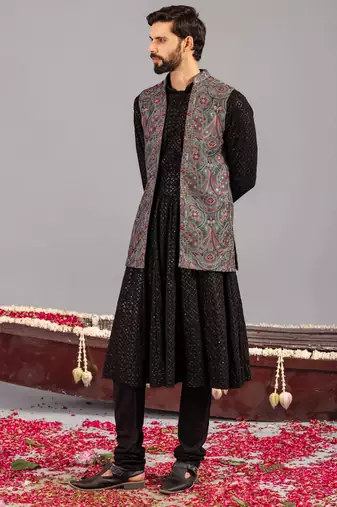 Black georgette embroidered anarkalijacket set for mens