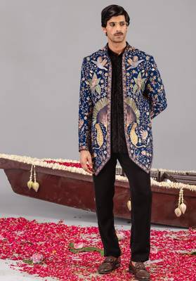 Navy blue georgette embroidered jodhpuri set for mens 1